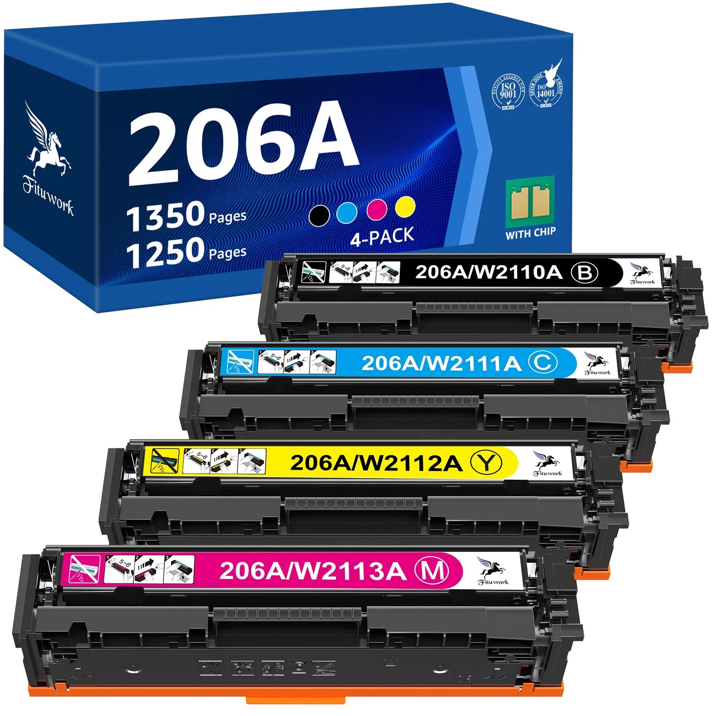 206A 206X M283fdw Toner Cartridges 4 Pack Set Laserjet Pro MFP M283cdw M283 Pro M255dw M255 Printer W2110A W2110X Ink High Yield (with Chip)