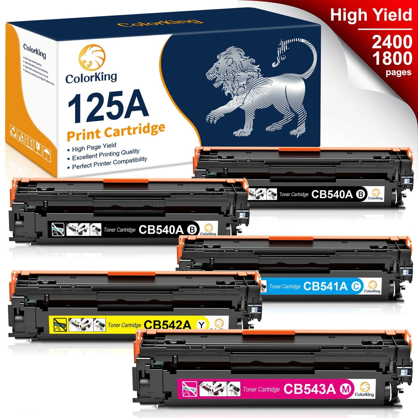 125A Toner Cartridge 5-Pack Compatible for HP 125A CB540A CB541A CB542A CB543A Black Cyan Yellow Magenta Toner Cartridge Bundle for Color CP1215 CP1515N CP1518NI CM1312 CM1312NFI Printer