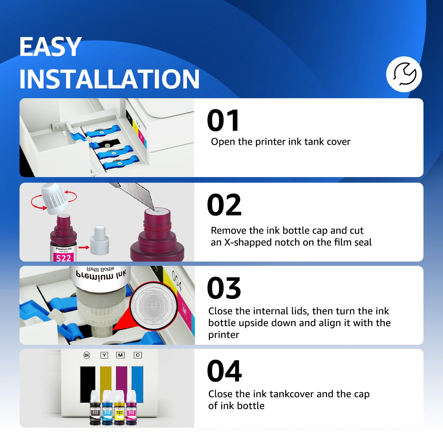 522 Ink Refill Kit Compatible for Epson 522 Ink Bottles Use for Epson EcoTank ET-2803 Wireless All-in-One Cartridge-Free Printer (5 Pack)