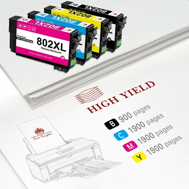 802XL Black Ink Cartridge for Epson 802XL 802 WF-4720 WF-4730 WF-4734 WF-4740 EC-4020 Printer (2 Black 1 Cyan 1 Magenta 1 Yellow)