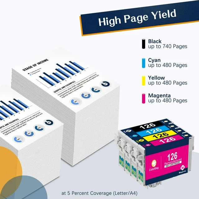 126XL Ink Cartridges for EPSON T126 Ink to use 3530 WF-3540 WF-7010 WF-7510 Stylus NX330(2 Black, 1 Cyan, 1 Magenta, 1 Yellow)