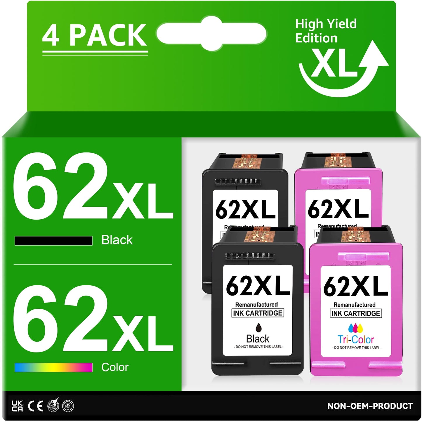 62 Ink Cartridges Replacement for HP 62 Ink Cartridges - Black, Tri-color, 4 Cartridges