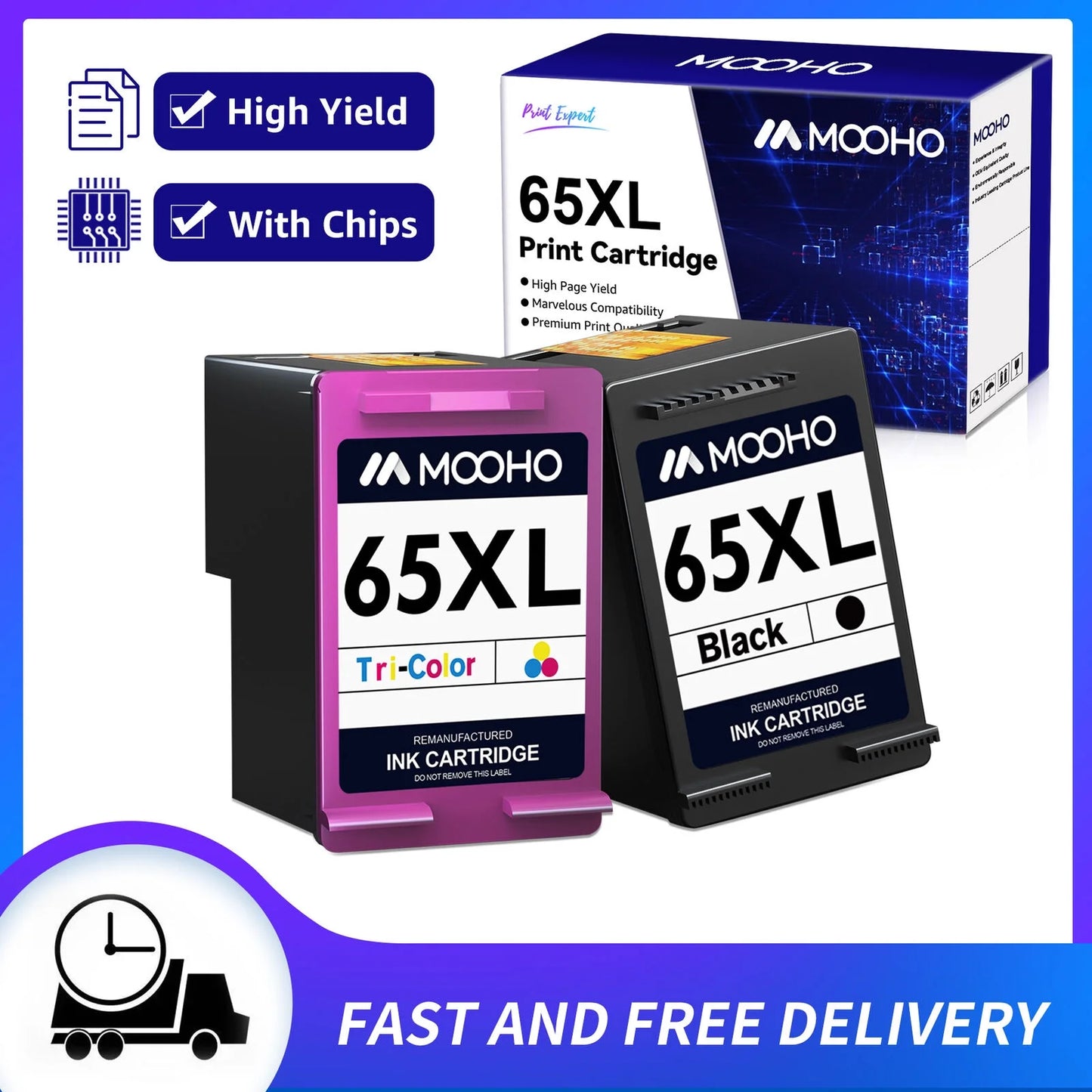 65XL Ink Cartridge for HP (1 Black, 1 Tri-Color, 2-Pack)