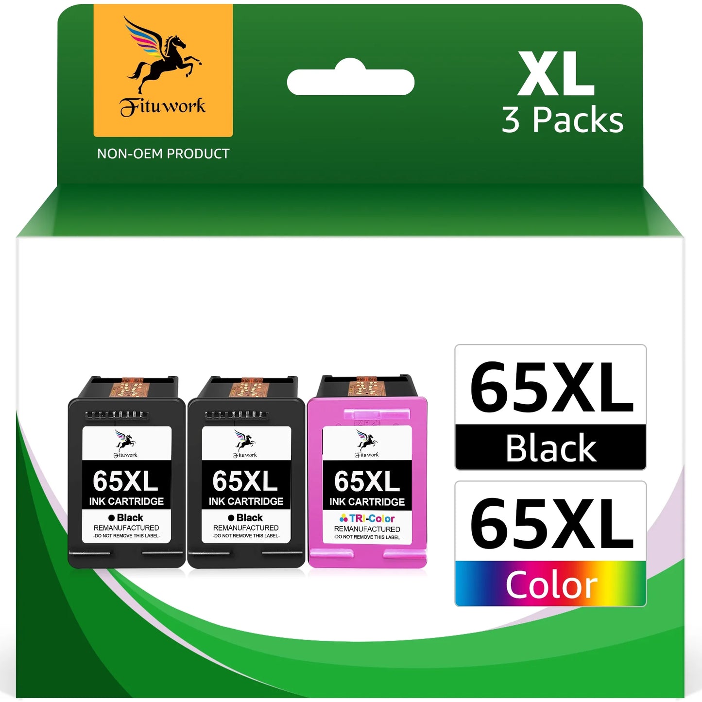 65XL Ink Cartridges for HP(3-Pack, 2 Black, 1 Tri-Color)