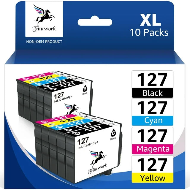 10-Pack 127XL Ink Cartridges T127XL Ink for 127 WF-7520 NX530 NX625 Printer (4 Black, 2 Cyan, 2 Magenta, 2 Yellow)