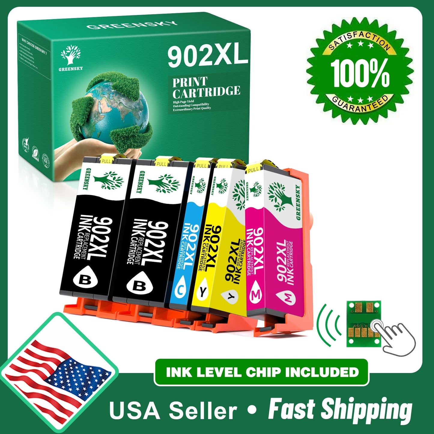 Greensky 902XL Ink Cartridge Combo Pack Replacement for HP( Black Cyan Magenta Yellow 5-Packs)