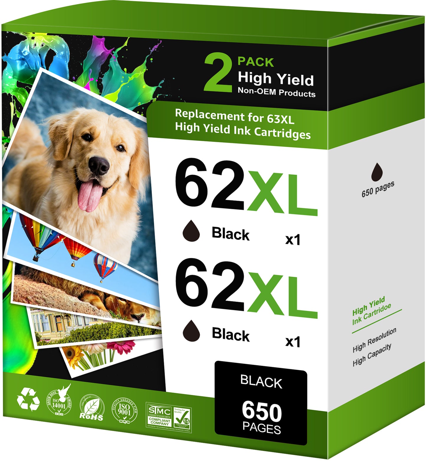 62XL Black Ink Cartridge Compatible for HP 62 Black Ink Cartridge Envy 5055 5540 5600 5660 7640