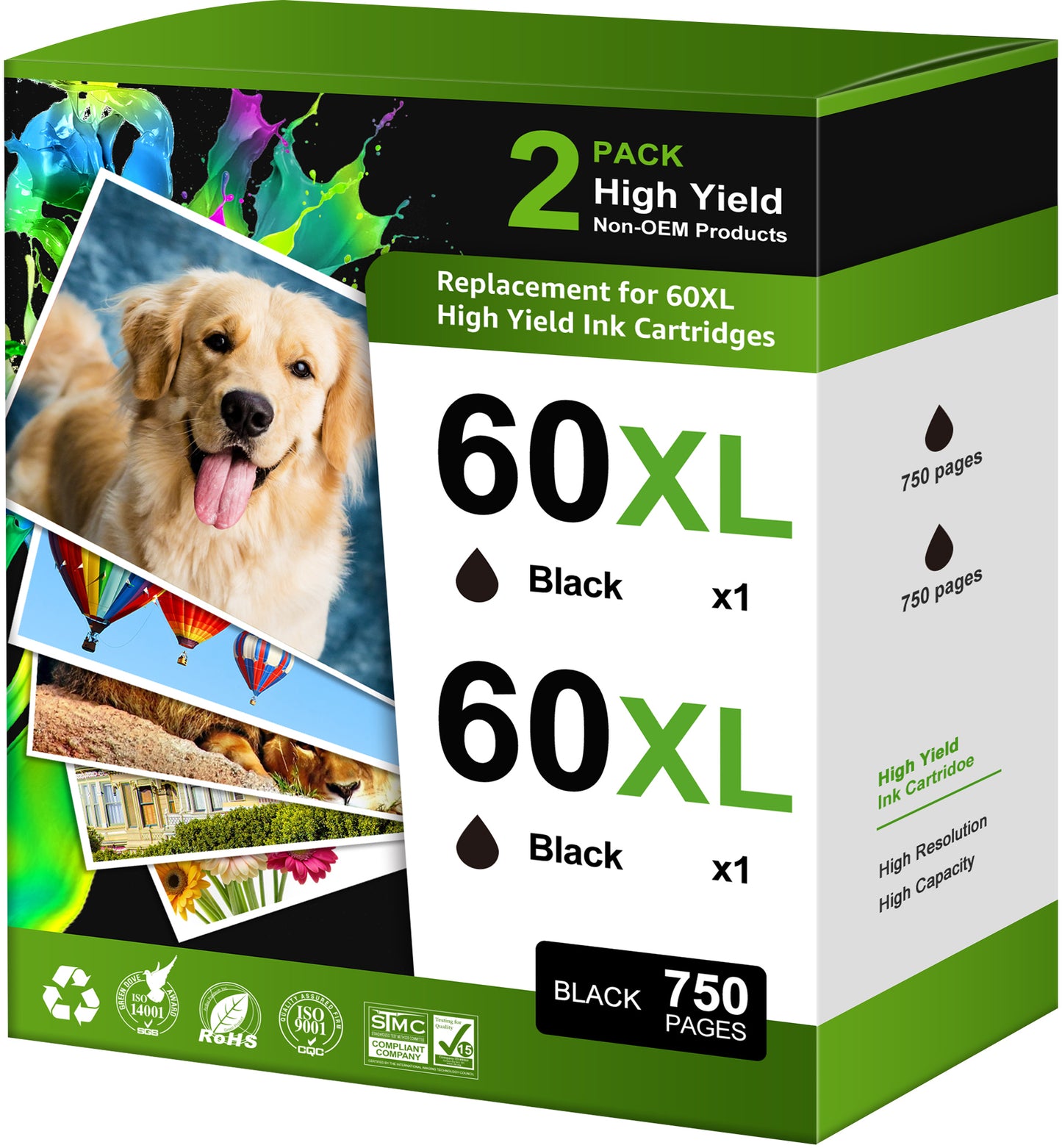 60XL Ink Cartridge (2BK) Compatible with HP 60 Black Ink Cartridge HP 60 Ink Cartridge Envy 110 120