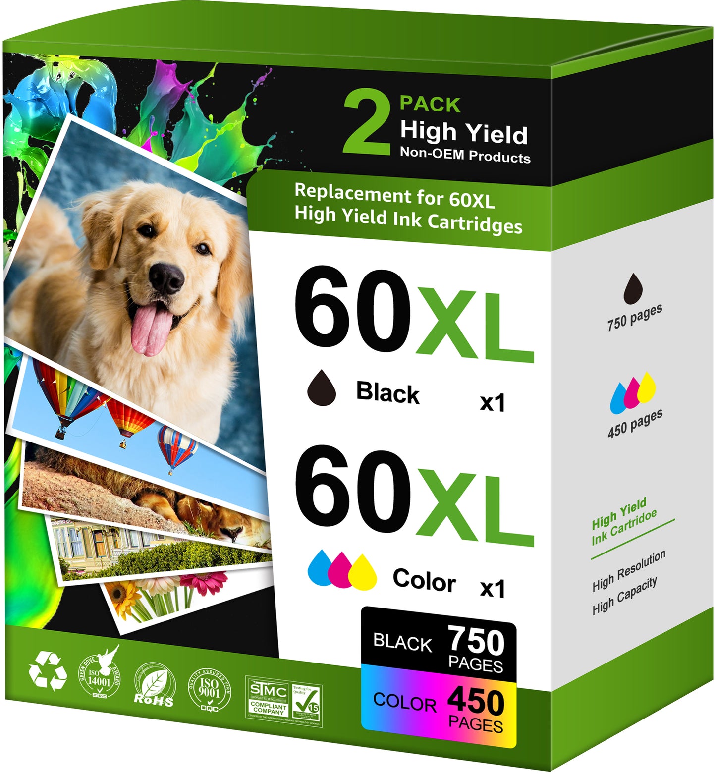 60XL Ink Cartridge Compatible with HP 60 Ink Cartridge Combo Pack HP Ink 60 Envy 110 120 (2 Pack)