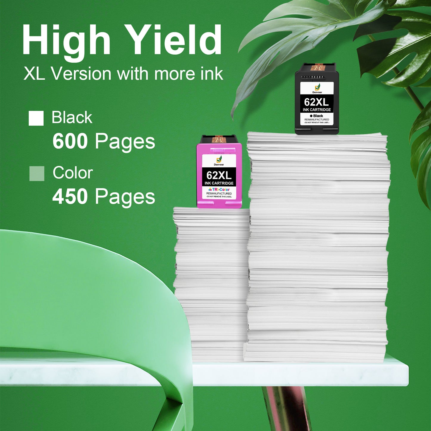 62 Ink Cartridge Compatible for HPInk 62 HP62XL Works with HPEnvy 5540 5640 5660 7644 OfficeJet 5740 5741 8040 OfficeJet 200 250 Series Printer (2-Pack, 1 Black 1 Tri-Color)