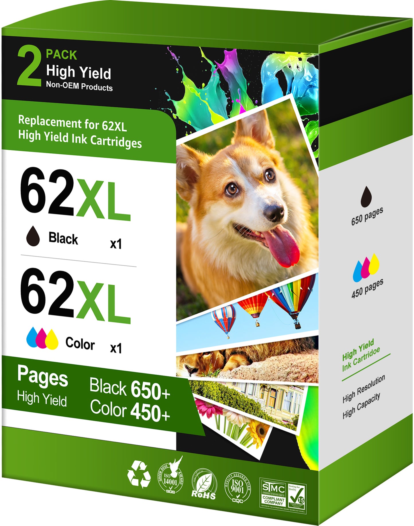 62 Ink Cartridge Compatible for HPInk 62 HP62XL Works with HPEnvy 5540 5640 5660 7644 OfficeJet 5740 5741 8040 OfficeJet 200 250 Series Printer (2-Pack, 1 Black 1 Tri-Color)