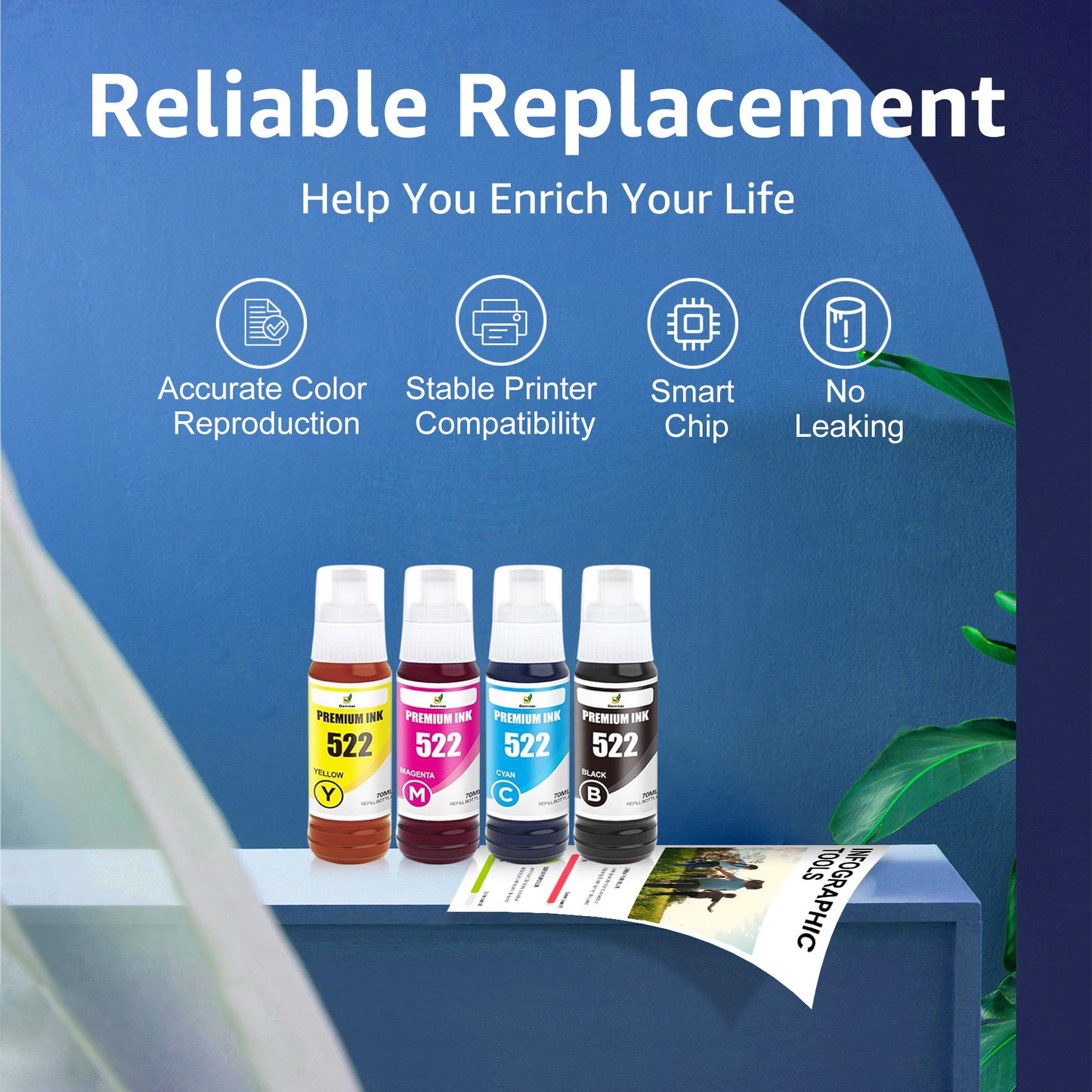 522 T522 Ink Bottle replacement for Epson 522 T522 Refill Ink for EcoTank ET-2720 ET-4700 ET-2800 ET-2803 ET-4800 Printer (Black, Cyan, Magenta, Yellow 4-Pack)