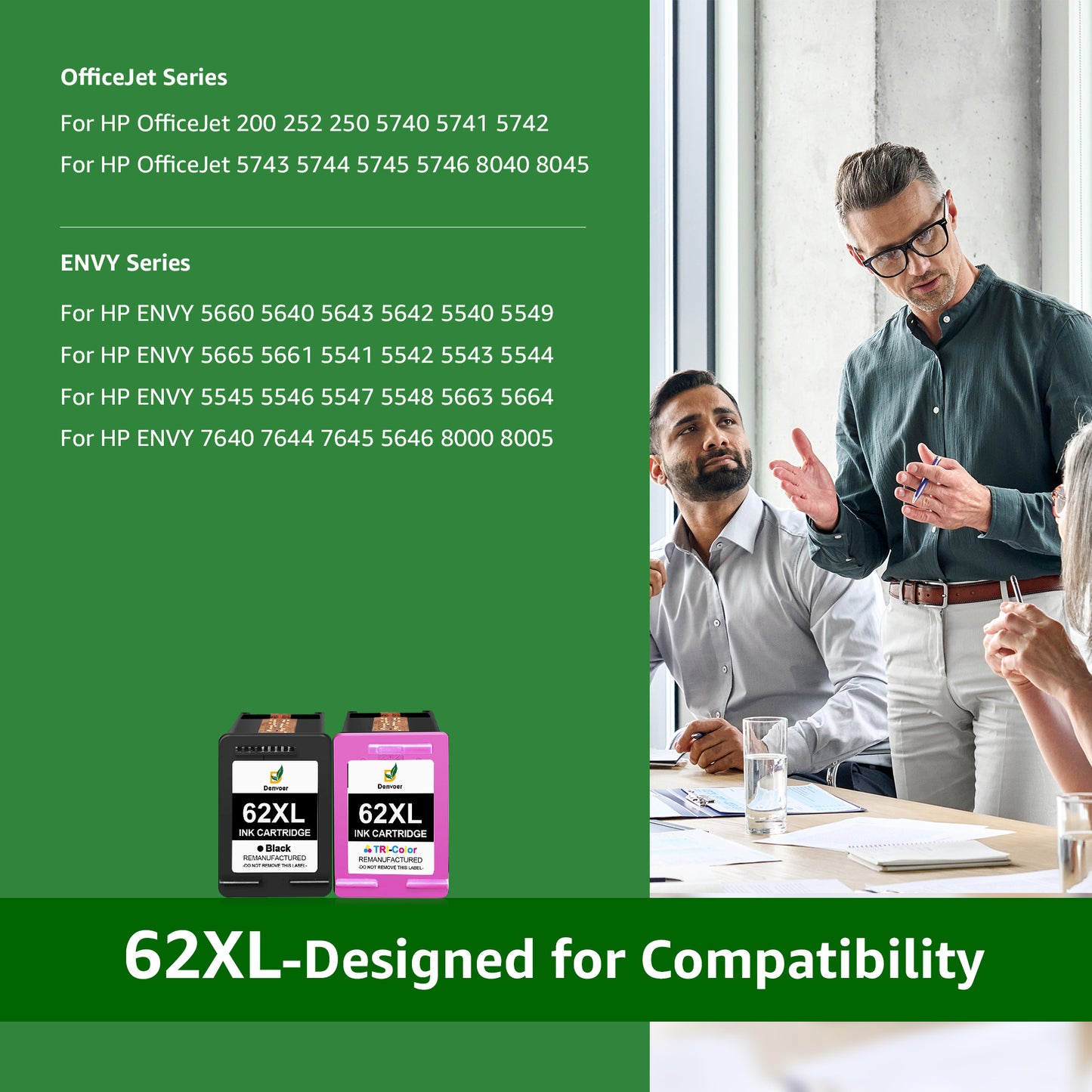 62 Ink Cartridge Compatible for HPInk 62 HP62XL Works with HPEnvy 5540 5640 5660 7644 OfficeJet 5740 5741 8040 OfficeJet 200 250 Series Printer (2-Pack, 1 Black 1 Tri-Color)