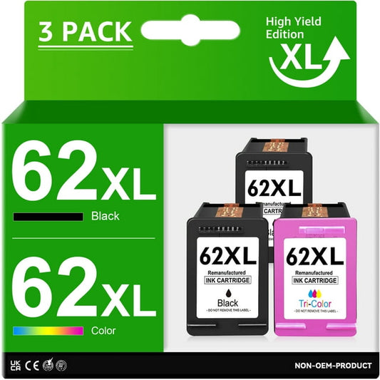 62 Ink Cartridges Replacement for HP 62 Black & Tri-Color Inkjet Cartridges 3-Cartridges