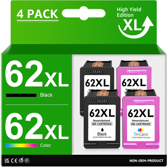62XL High Yield Ink Cartridge compatible for HP 62XL High Yield Ink Cartridge, 2 Black & 2 Tri-Color, 4-Count