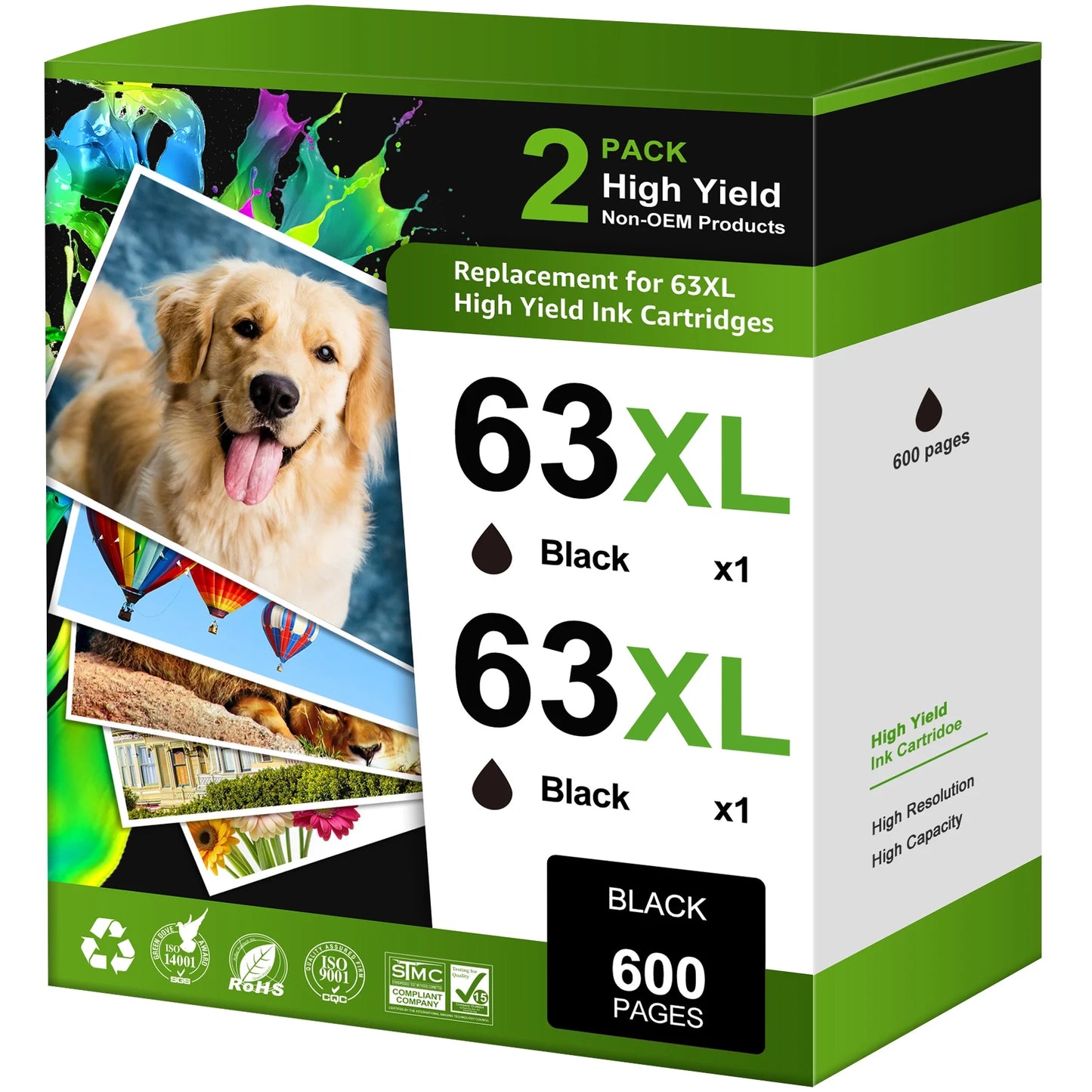 Halofox 63XL Black Ink Cartridge 2-Pack for HP Printer, Black, 2 Count