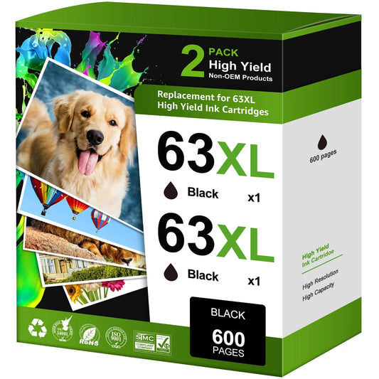 Halofox 63XL Black Ink Cartridge 2-Pack for HP Printer, Black, 2 Count
