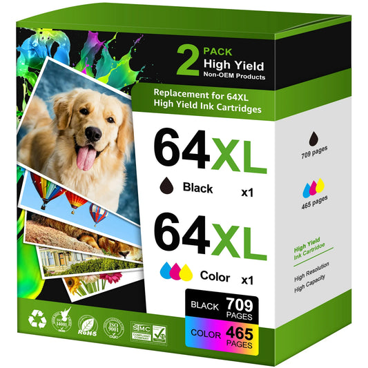 Replacement HP 64xl Ink Cartridge Combo Pack Ink 64 for HP Printer (1 Black/ 1 Tri-Color)