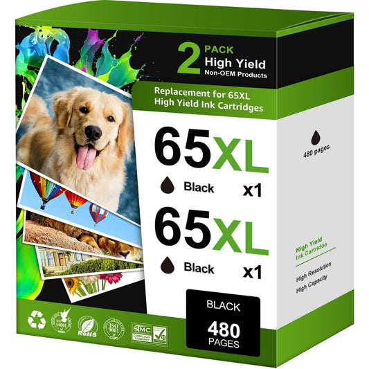 65 XL 65XL Ink Cartridge for HP 65 Black Ink for DeskJet  5000 5055 5052 5014 5010 5070 AMP 100 120 130 Printers (2 Pack)
