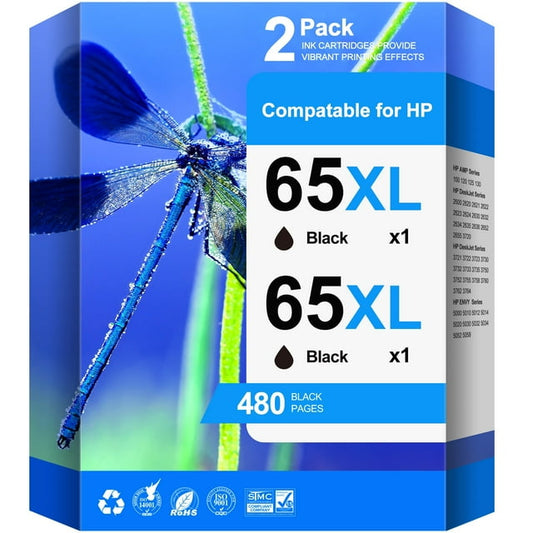 65XL 65 Ink Black Ink Cartridges Replacement  2624 2652 2655 3720 3721 3722 3723 3732 3758 Envy 5052 5058 (2 Black )