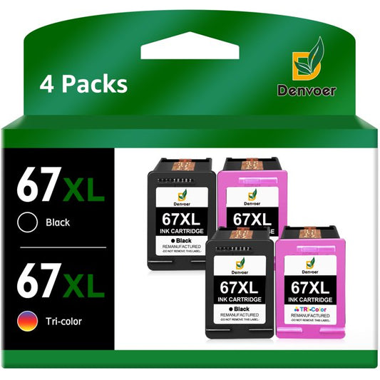 67XL Ink Cartridges Replacement for HP(2 Black & 2 Tri-Color)