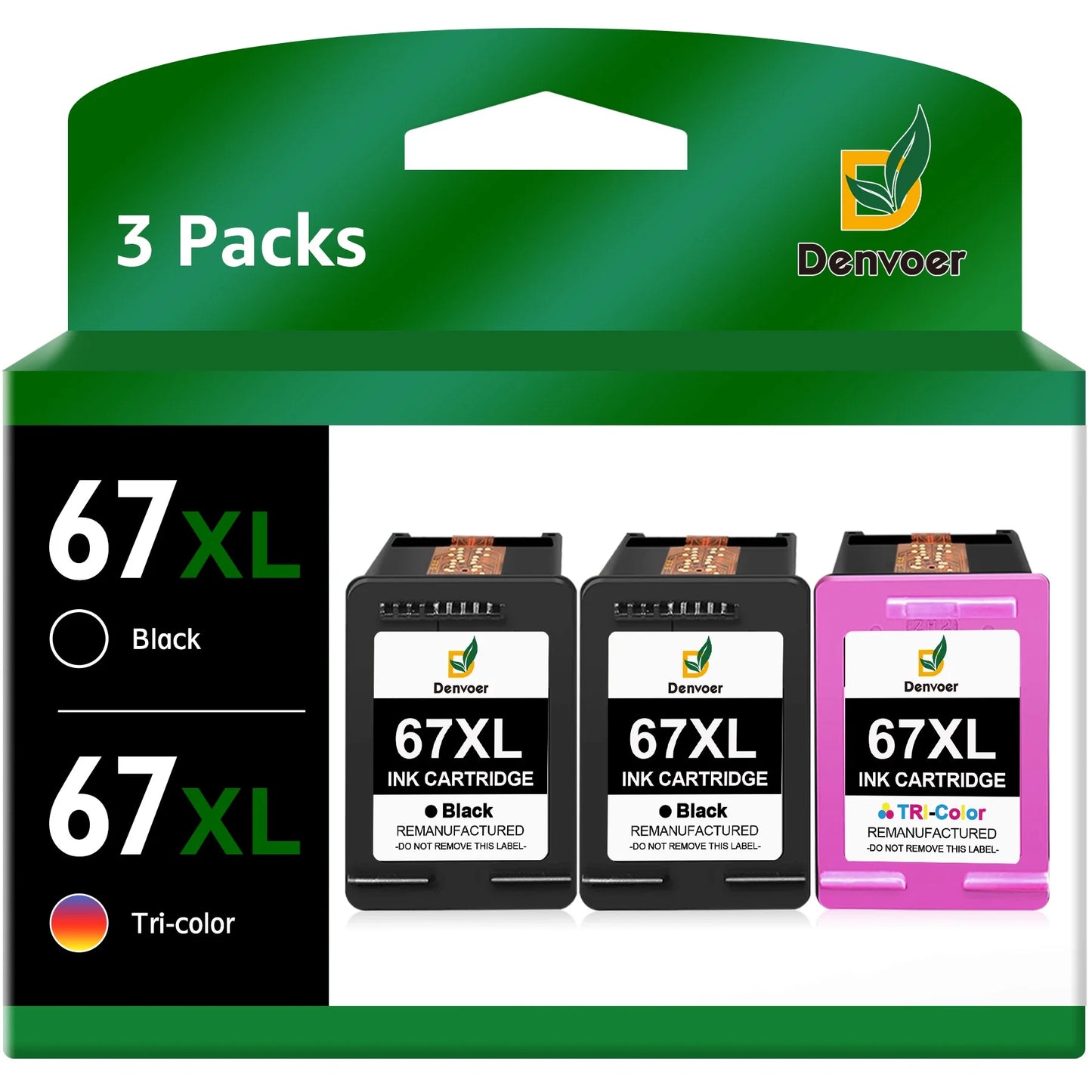 67XL Ink Compatible with HP 67 Ink Cartridges Black (2 Black & 1 Tri-Color)