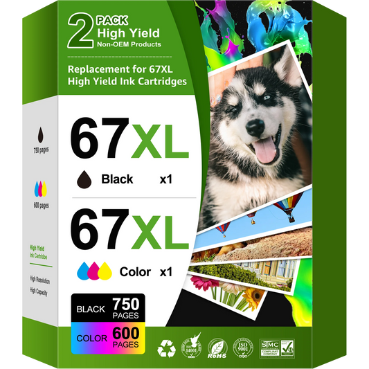 67xl Ink Cartridges Fit for HP 67 Ink Cartridges 2755 2755e 4100 4100e 4155 4155e Envy 6055 6055e 6455 6400 6000 6458(2-Pack, Black, Tri-Color)