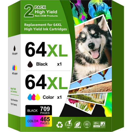 64XL Ink Cartridges Black and Color 7858 7855 7155 Envy Inspire 7255e 7955e Tango Series(1 Black, 1 Tri-Color)