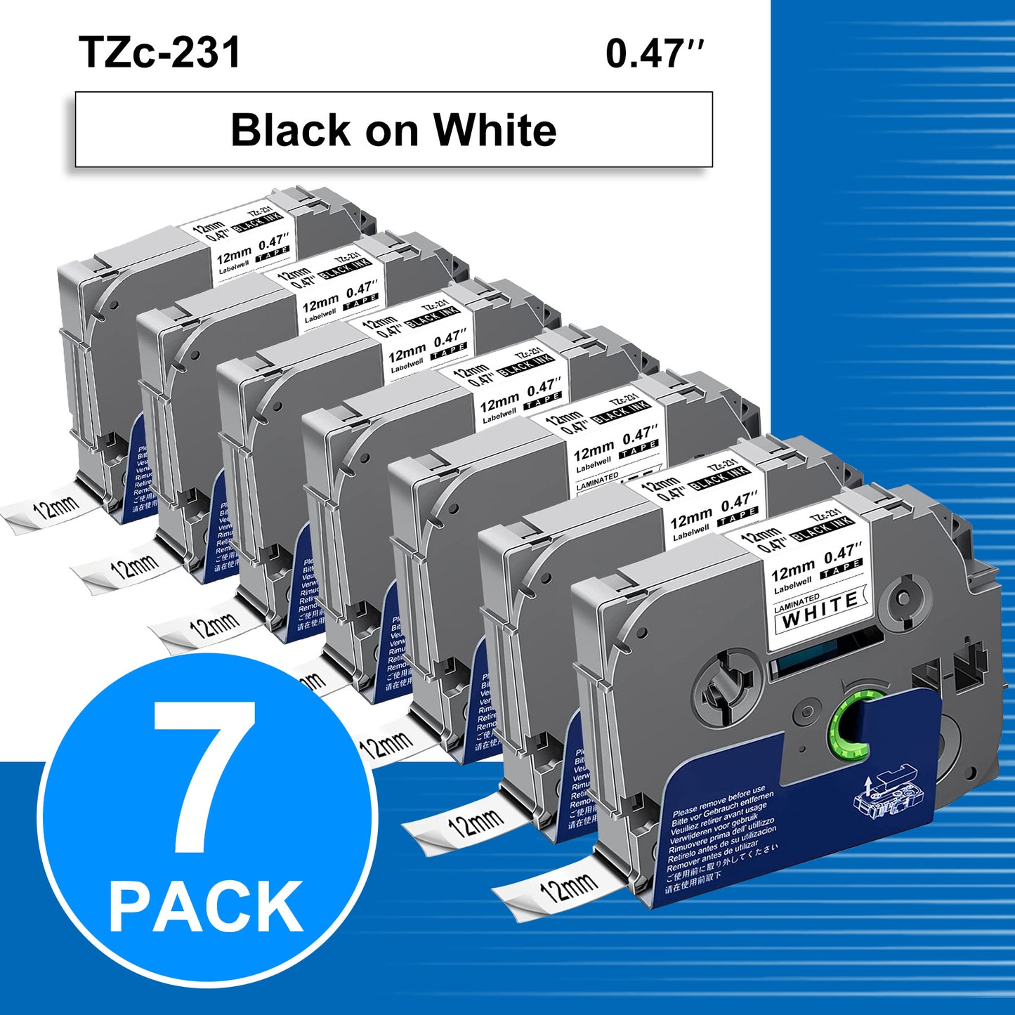 7-Pack 231 Label Maker Tape for Brother P Touch TZe231 Tape Label Tape 12mm 0.47 Inch Laminated White Label Maker Tape TZe-231 for P Touch PT-D210 PTH110 PT-D220 PTD600, 26.2 Feet
