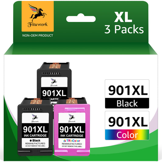 901XL Ink Cartridge 901 XL Ink Replacement for HP 901 901XL 901 XL Ink Cartridges Work with HP OfficeJet J4680 J4580 J4550 J4540 J4500 4500 J4660 J4680c G510a (2 Black, 1 Tri-Color, 3-Pack)