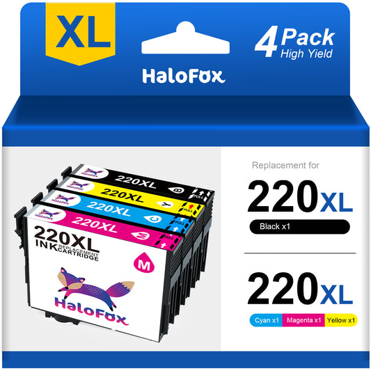 HaloFox Compatible Epson 220 Ink Cartridges Replacement for WF-2760 WF-2750 WF-2630 WF-2650 WF-2660 XP-320 XP-420 XP-424 (1Black,1Cyan,1Magenta,1Yellow)