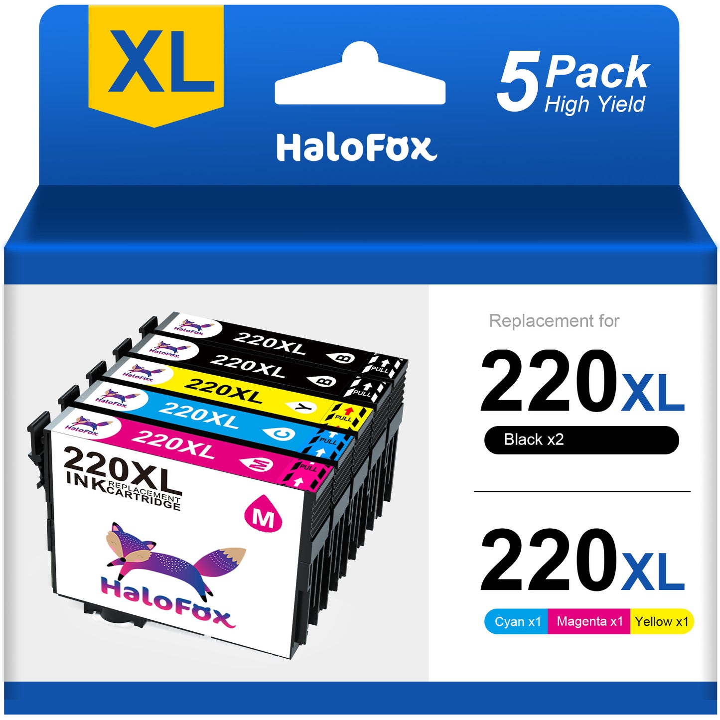 220XL Ink Cartridges Replacement for Epson  WF-2760 WF-2750 WF-2630 WF-2650 WF-2660 XP-320 XP-420 (Black, Cyan, Magenta, Yellow, 5-Pack)