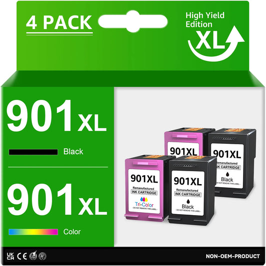 HP 901 XL 901 Ink Cartridge 901XL Ink 901 Black and Color (Black, Tri-Color, 4 Pack)