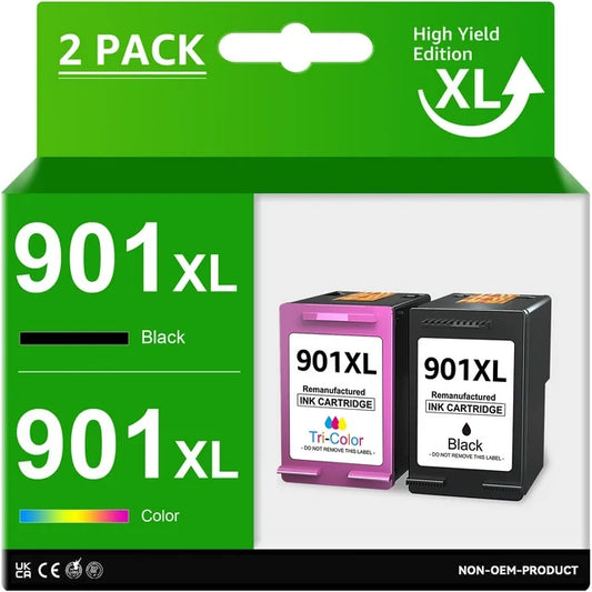 Ink 901XL Black and Color Combo Pack Replacement for HP (1 Black, 1 Tri-Color, 2-Pack)