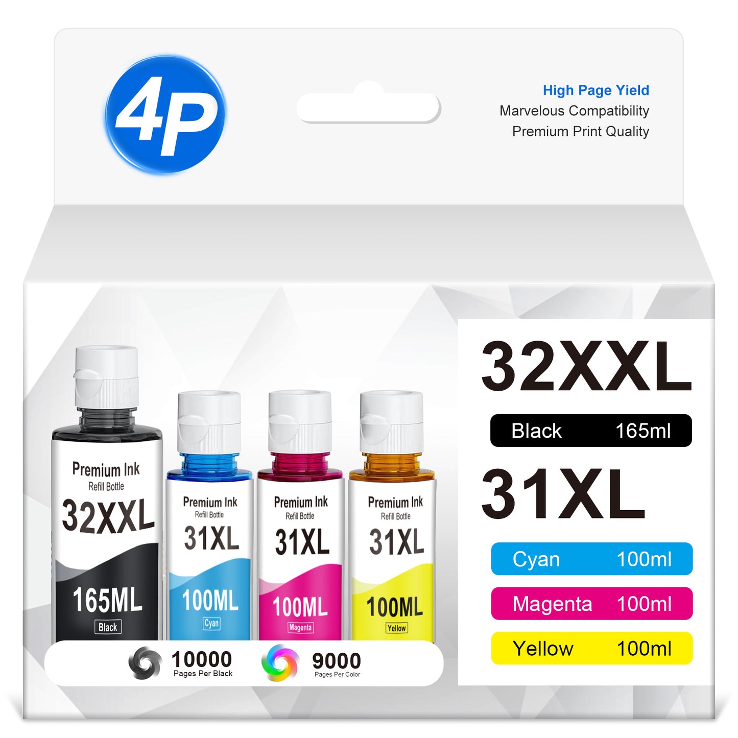 31 32XL Ink Refills Compatible for HP 31 Ink Refill Bottle for HP Smart Tank 5101 6001 5000 5103 7301(140ML 32XL Black Ink, 70ML 31 Color Ink)
