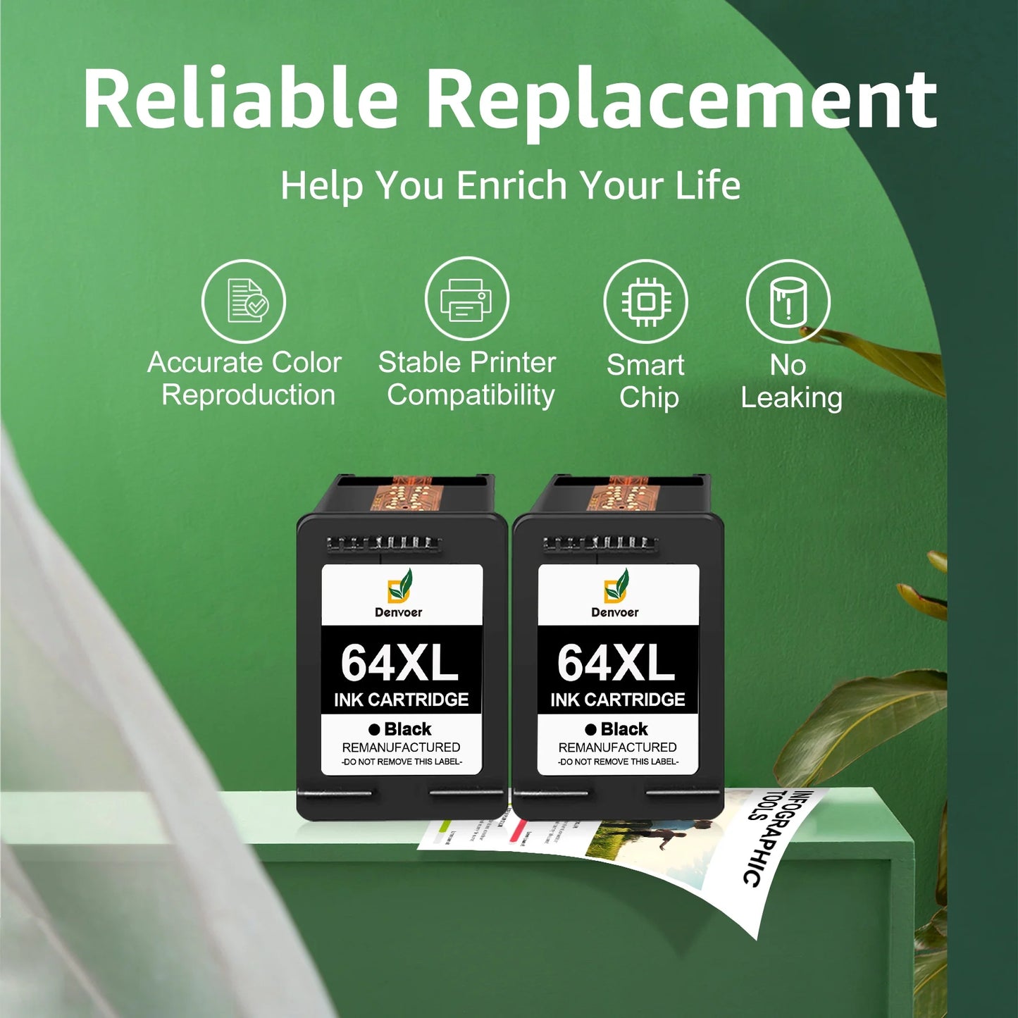 64xl black ink cartridge compatible for hp 64 black ink cartridge for Envy Photo 7858 7855 7155 6255